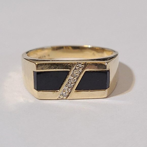 M&G Onyx Diamond Men's Ring Retro 10k Yellow Gold Size 10.5 AS IS - Picture 7 of 11